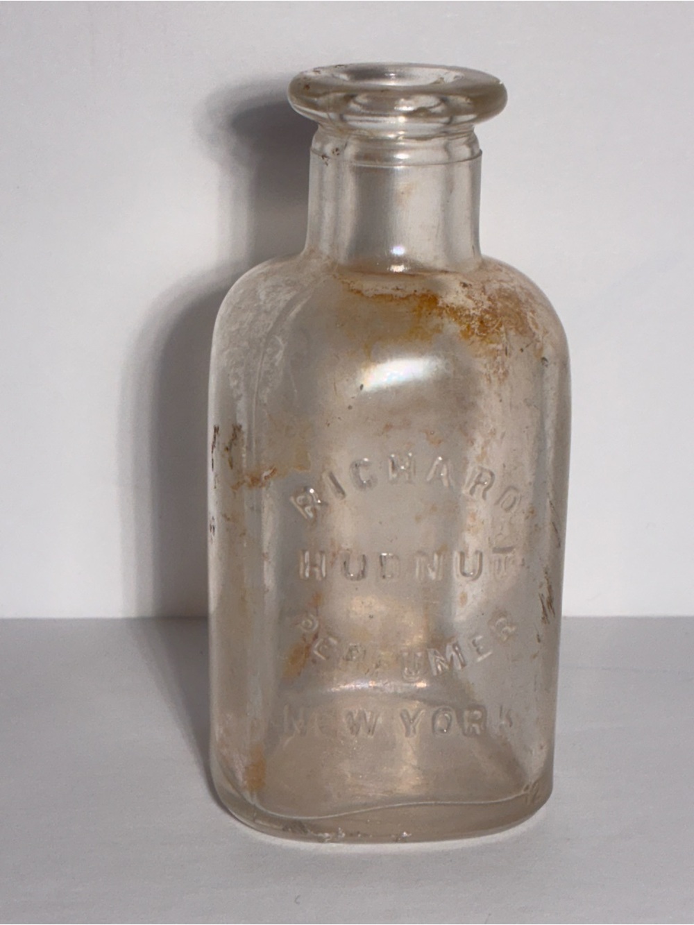 Antique Richard Hudnut Perfumer New York Embossed Glass Bottle 3.5" Vanity Perfu
